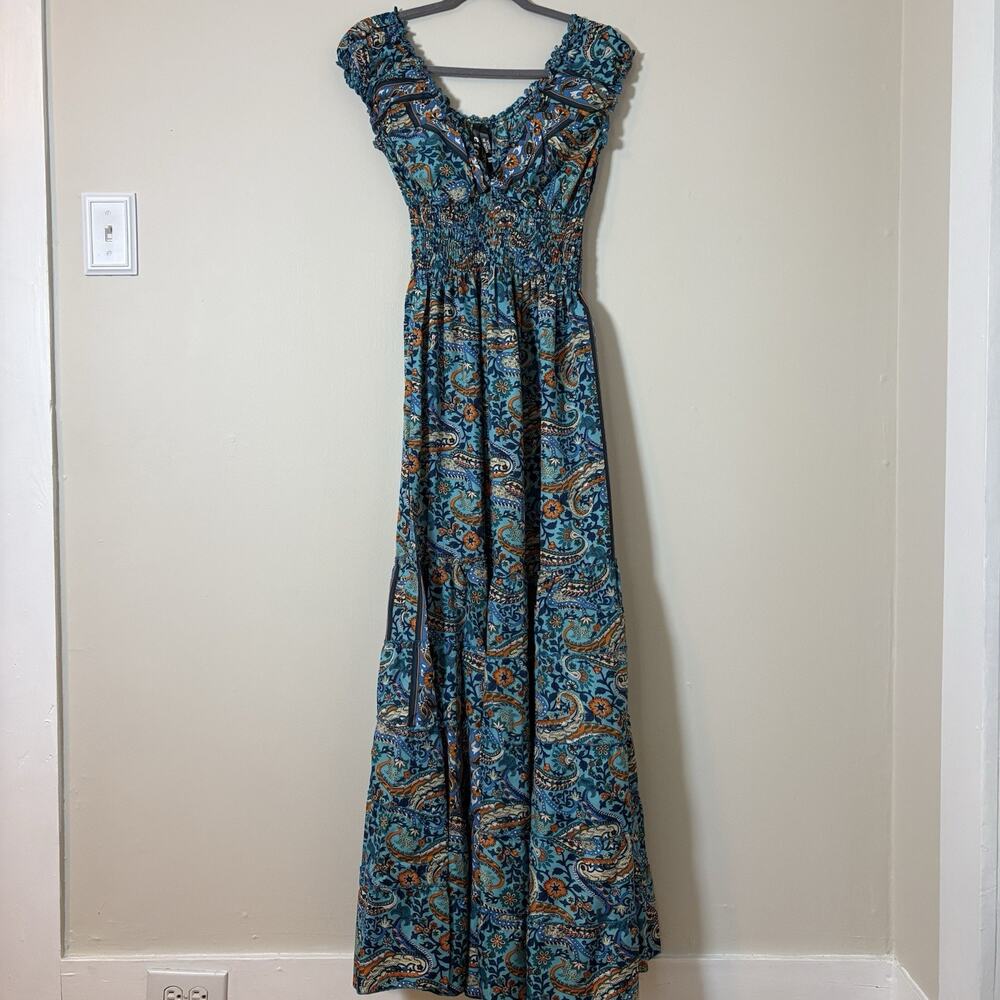 etc. Blue Floral Short Sleeve Maxi Dress One Size Boho Flowy Festival Hippie